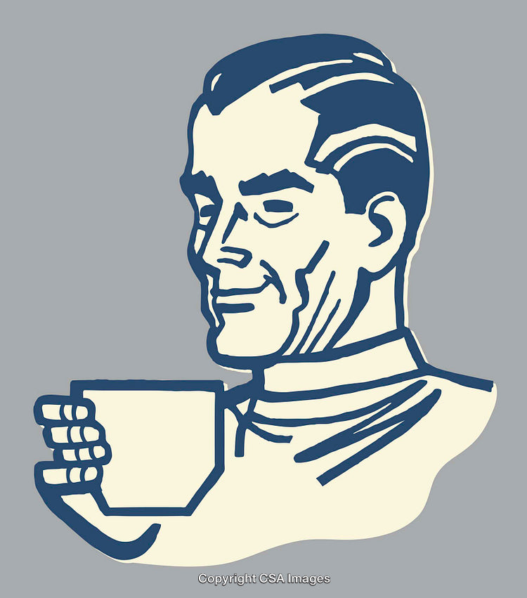Retro Styled Male Portrait Enjoying Beverage in Coffee Mug Art Design
