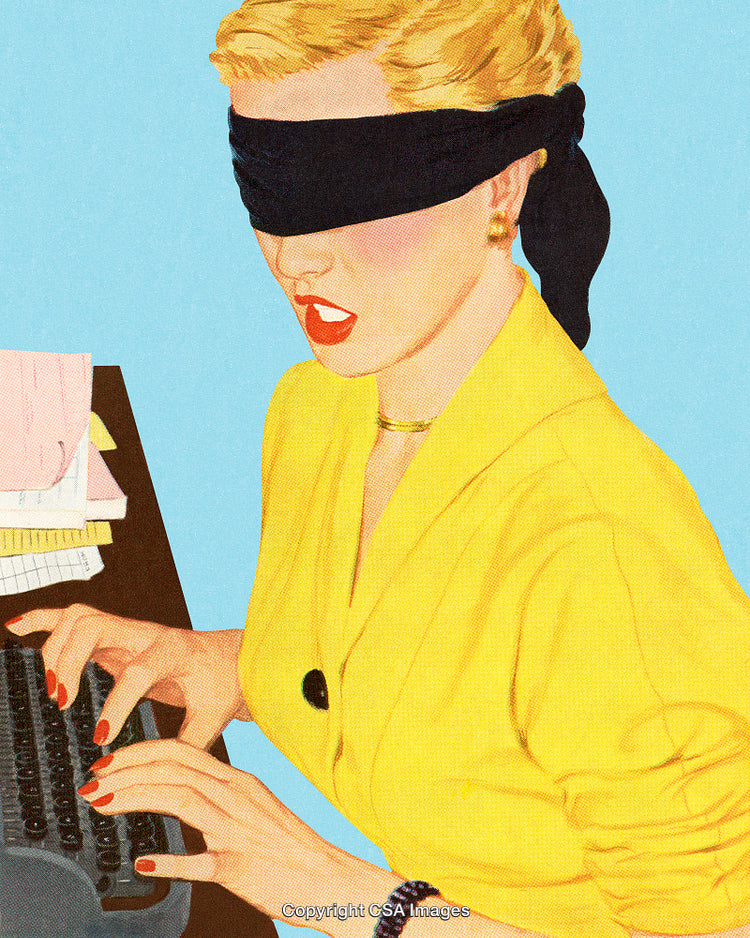 Blindfolded Woman Typing on a Vintage Typewriter in Colorful Illustration