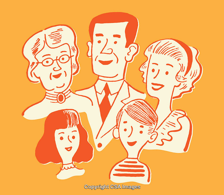 Retro Family Portrait Featuring Stylized Characters in Line Art
