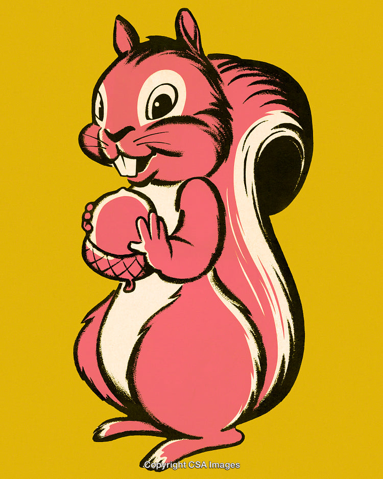 Illustration of a Cheerful Pink Squirrel Holding an Acorn on a Yellow Background