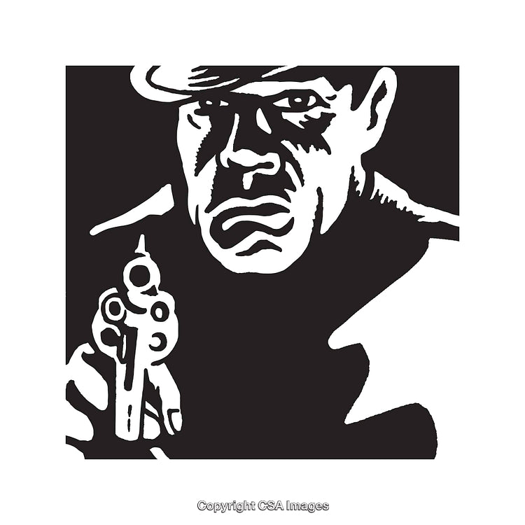 Black and White Artwork Depicting a Grim Man with a Gun