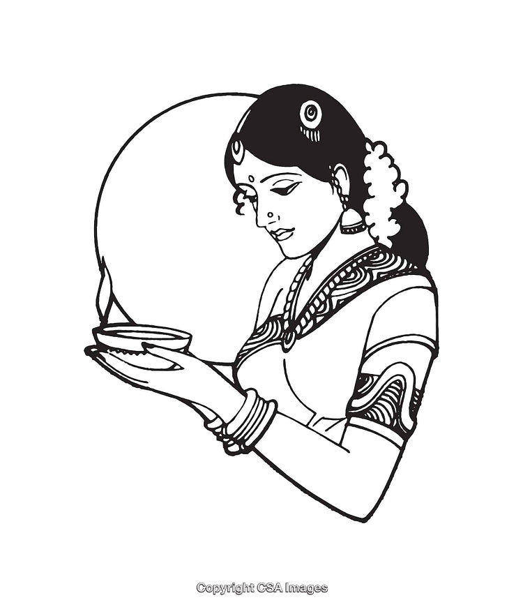 Black and White Line Art of Traditional Woman Holding a Lamp