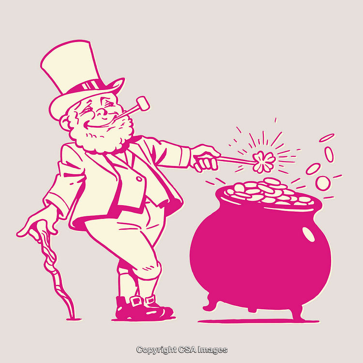 Whimsical Pink Line Art of a Leprechaun and Pot of Gold