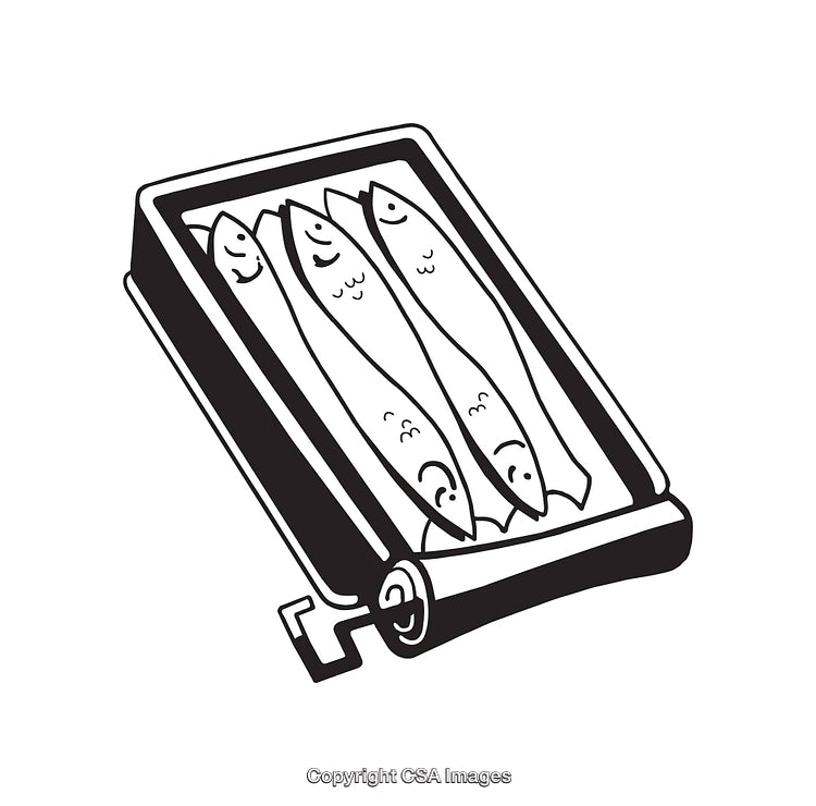 Black and White Illustration of Sardines in a Roll-Opening Box