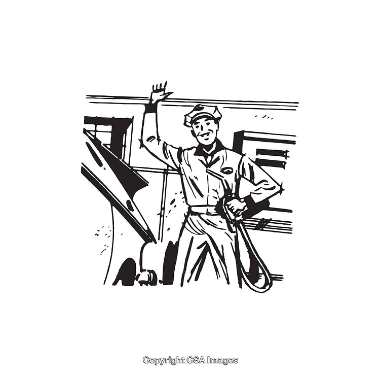Black and White Illustration of a Service Station Worker Pumping Gas