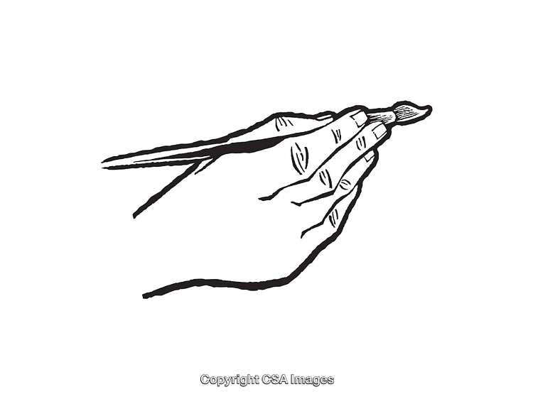Detailed Black and White Line Art of a Hand Holding a Paintbrush