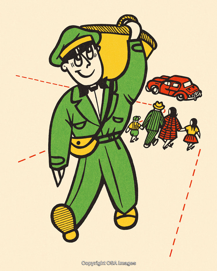 Cheerful Character Carrying Trophy with Retro Family and Car in Background