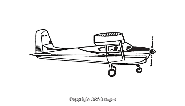Black and White Line Drawing of a Small Airplane in Flight