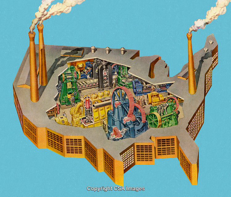 Industrial Illustration Depicting American Map With Factory Interior Machines