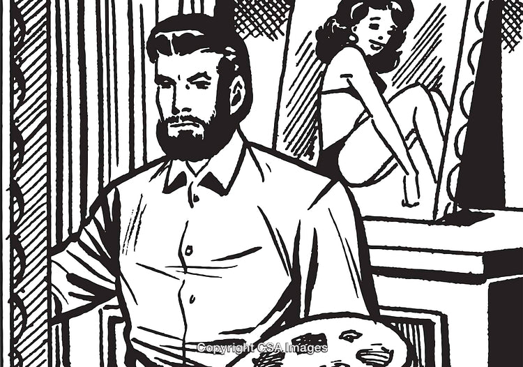 Vintage Artistic Scene with Male Painter and Retro Pin-Up Model in Monochrome