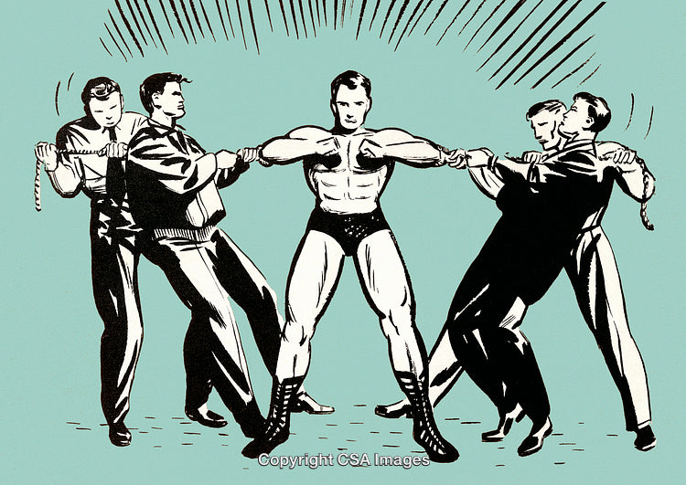 Illustration of Strong Man in Tug of War Against Multiple Opponents