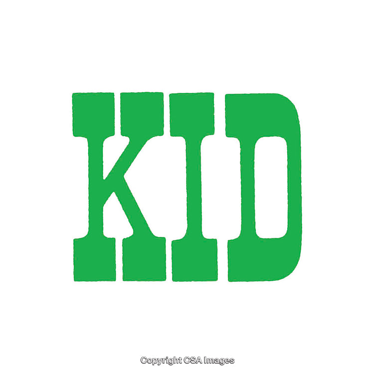 Green Stenciled "KID" Text on a White Background