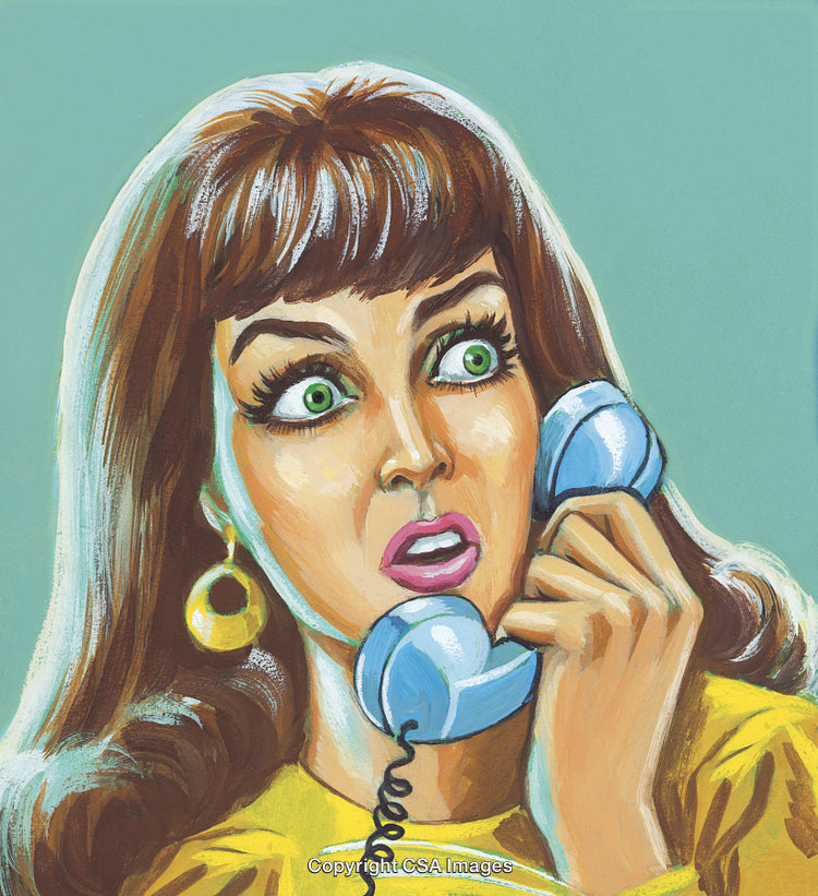 Retro Style Woman Surprised While Speaking on a Blue Telephone