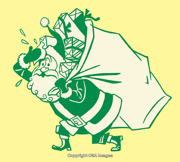 Retro Line Art Drawing of Santa Carrying a Large Gift Sack