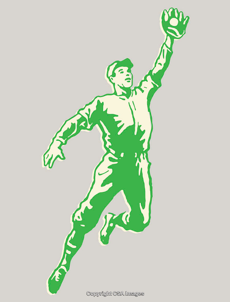 Vintage Line Art of Baseball Player Catching a Ball Mid-Air