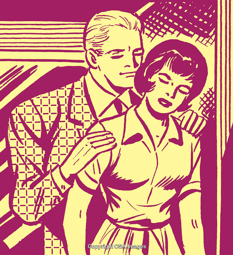 Retro Pop Art Depicting a Thoughtful Couple Embracing in Nostalgic Style