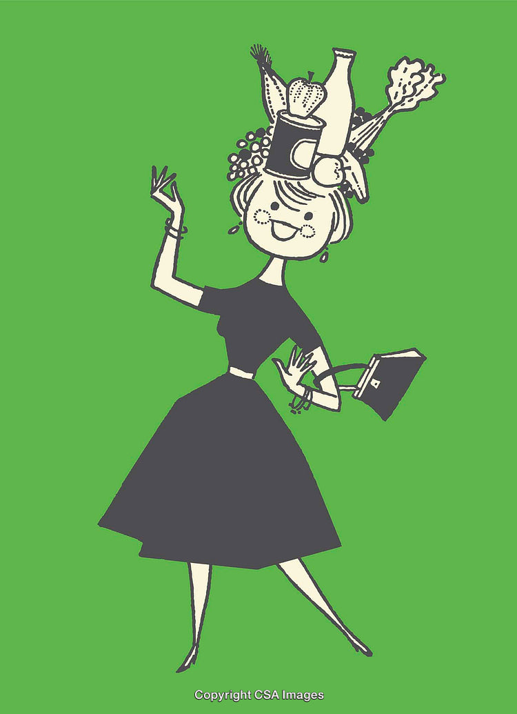 Stylized Cartoon Woman with Fruit Hat on Vibrant Green Background