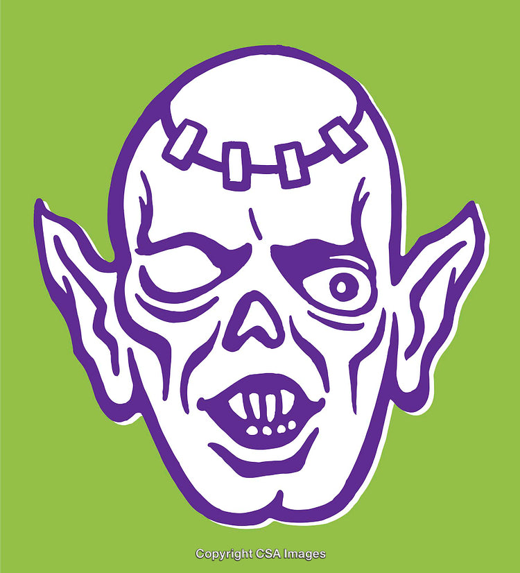 Stylized Purple Zombie Illustration with Green Background in Line Art Style