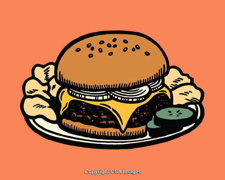 Colorful Illustration of a Cheeseburger Meal With Vegetables and Chips