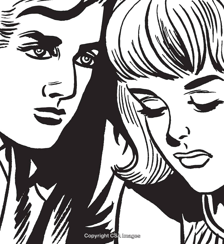 Retro Black and White Illustration of Two Pensive Individuals