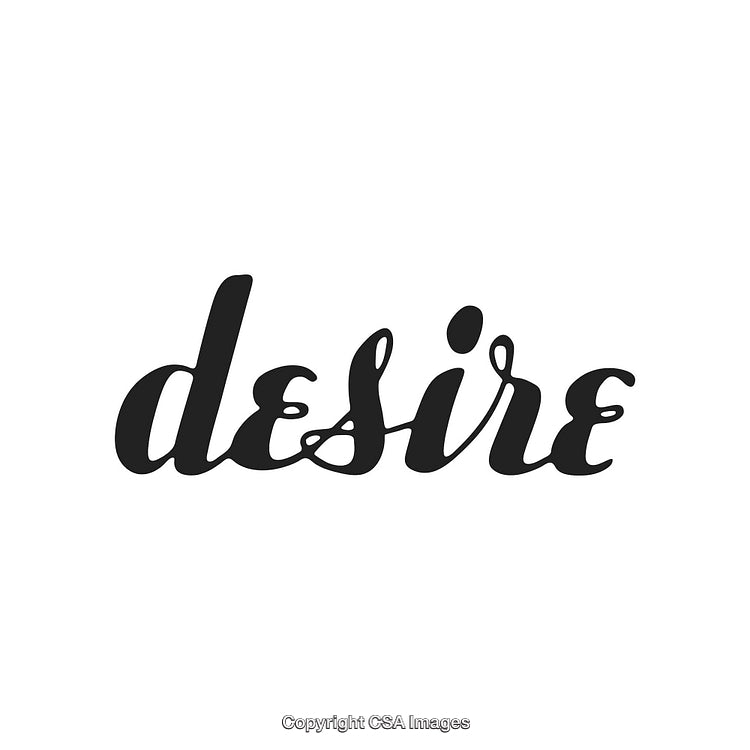 Cursive Black Text Saying Desire on a White Background