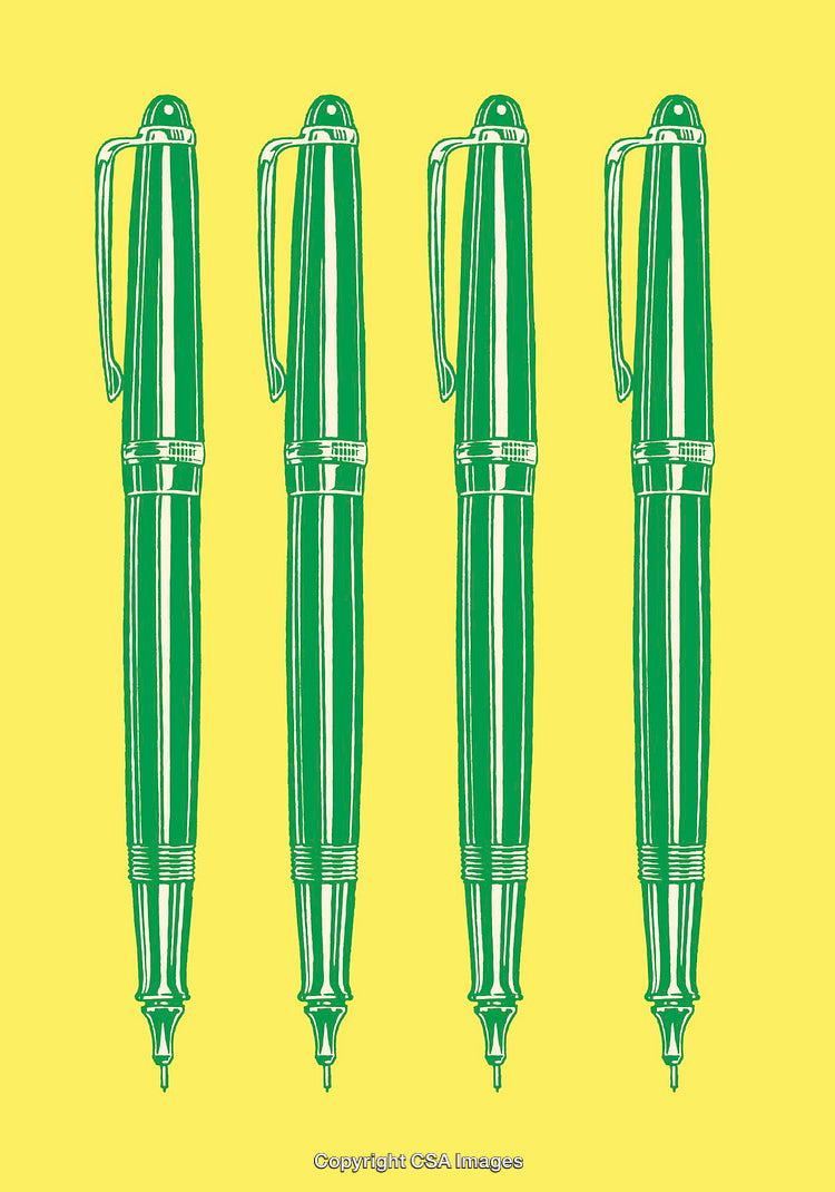 Four Green Fountain Pens on Bright Yellow Background Art Illustration