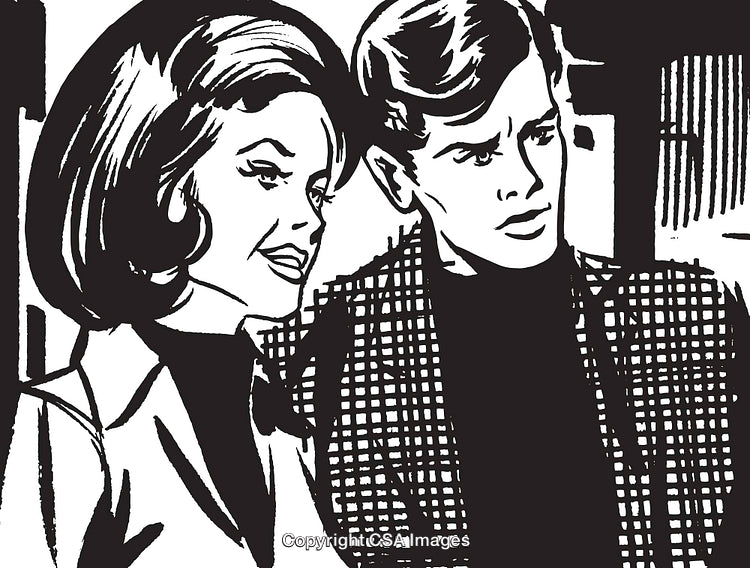 Retro Comic Illustration of a Man and Woman Discussing in Black and White
