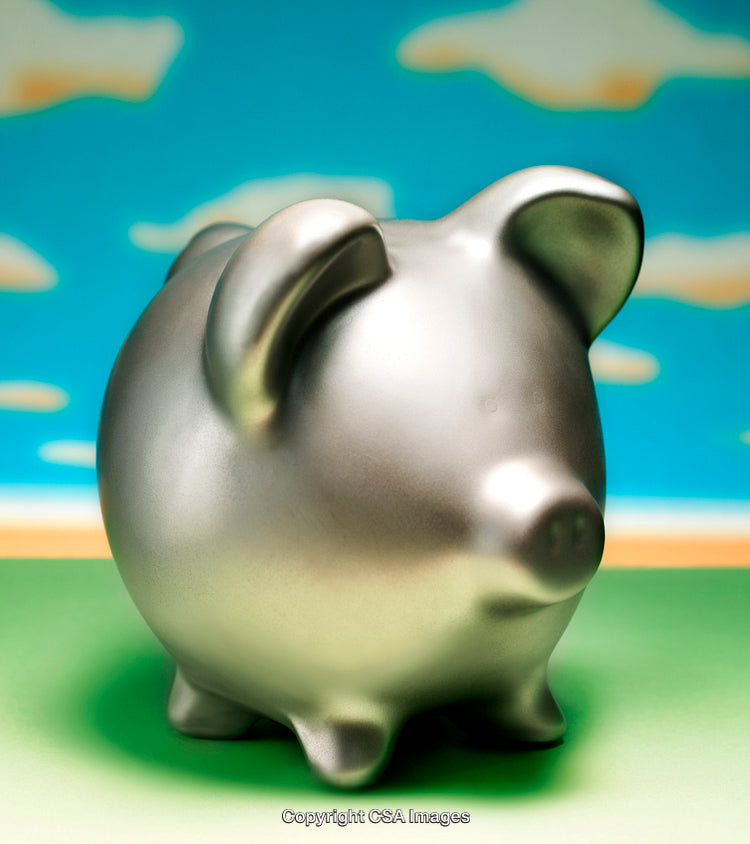 Shiny Metallic Piggy Bank on a Green and Blue Background Outdoors