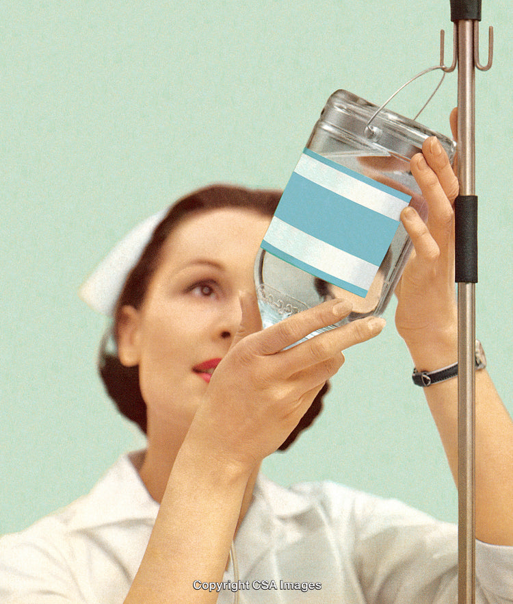 Vintage Nurse Adjusting IV Bottle in a Retro Medical Scene