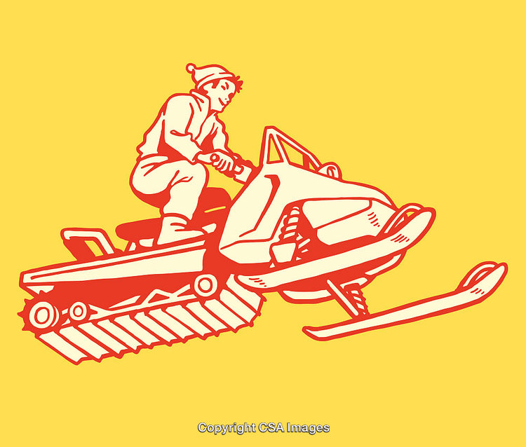 Vintage Snowmobiling Artwork Featuring Minimalist Line Art on Yellow Background