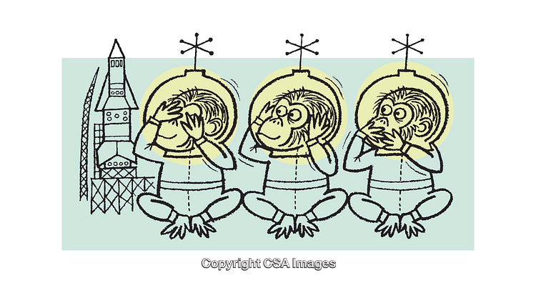 Cute Illustrated Space Monkeys Expressing See Hear and Speak No Evil
