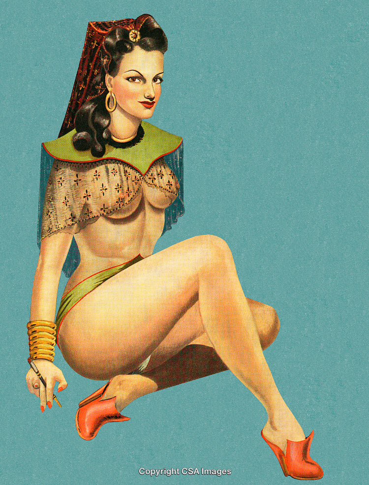 Vintage Pin-Up Style Illustration of a Woman in Elegant Attire on Blue Background