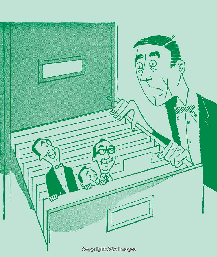 Retro Illustration of a Filing Cabinet With Human Figures Inside