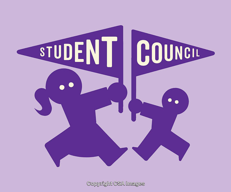 Purple Student Council Banner with Two Simplified Figures on a Lavender Background