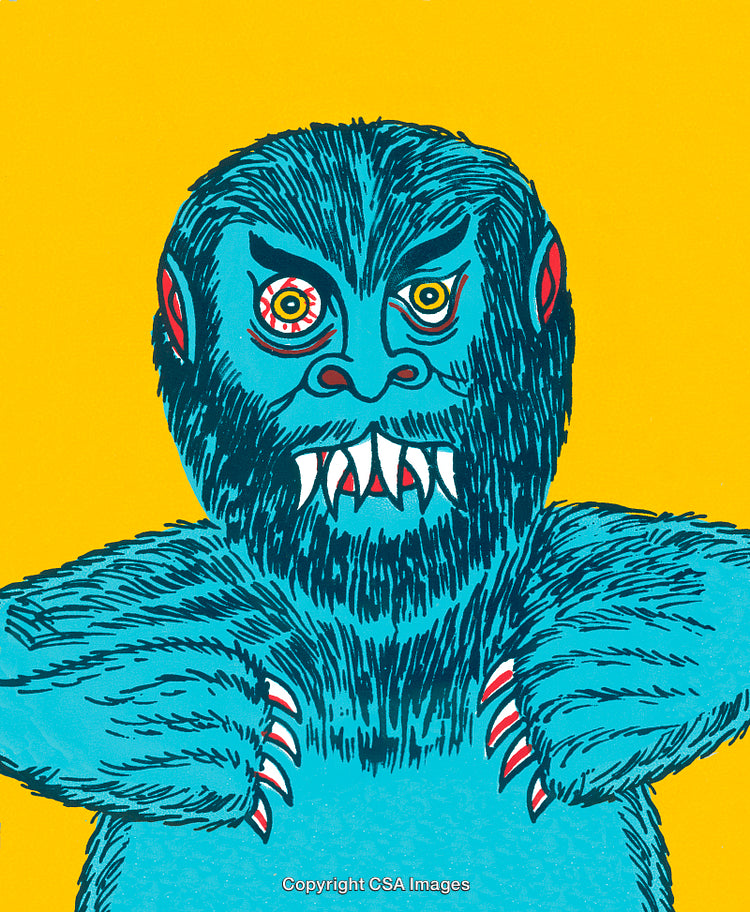 Colorful Artistic Depiction of a Monster with Vibrant Yellow Background