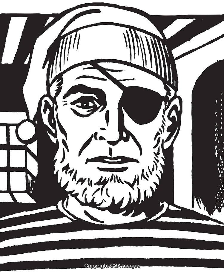Monochrome Illustration of a Pirate With an Eye Patch Featuring Linear Style