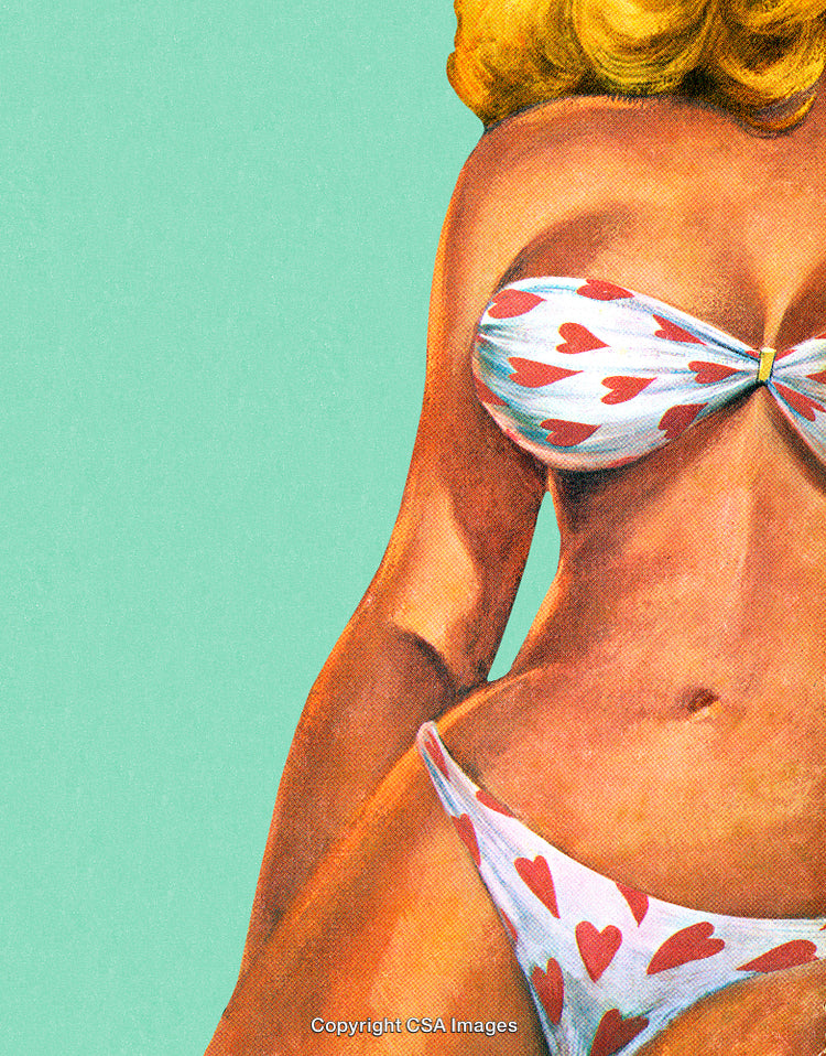 Illustration of Woman in Heart-Patterned Bikini on Vibrant Background