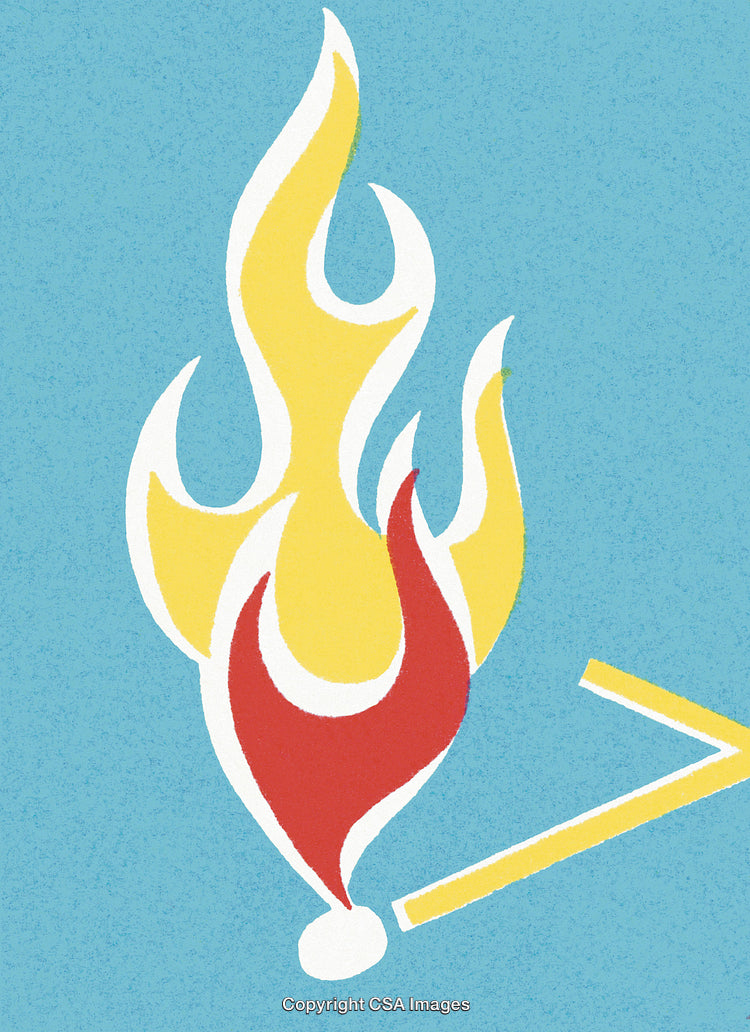 Vintage Matchstick Illustration with Abstract Red and Yellow Flame Design