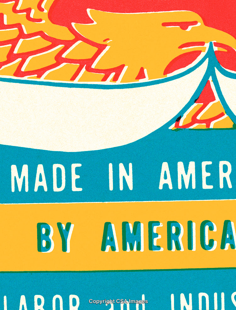 Colorful Illustration Promoting American Industry and Patriotism Through Vibrant Imagery