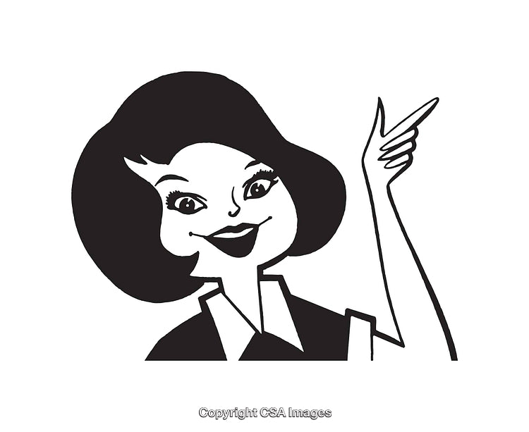Black and White Retro Illustration of a Woman with a Pointing Gesture