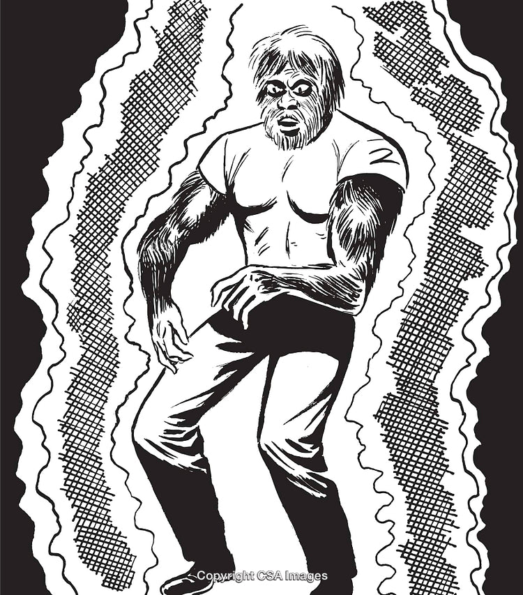 Monochrome Illustration of a Wild Humanlike Creature Surrounded by Dynamic Patterns