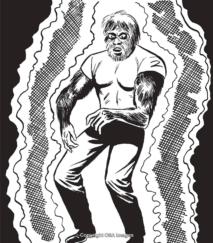 Monochrome Illustration of a Wild Humanlike Creature Surrounded by Dynamic Patterns
