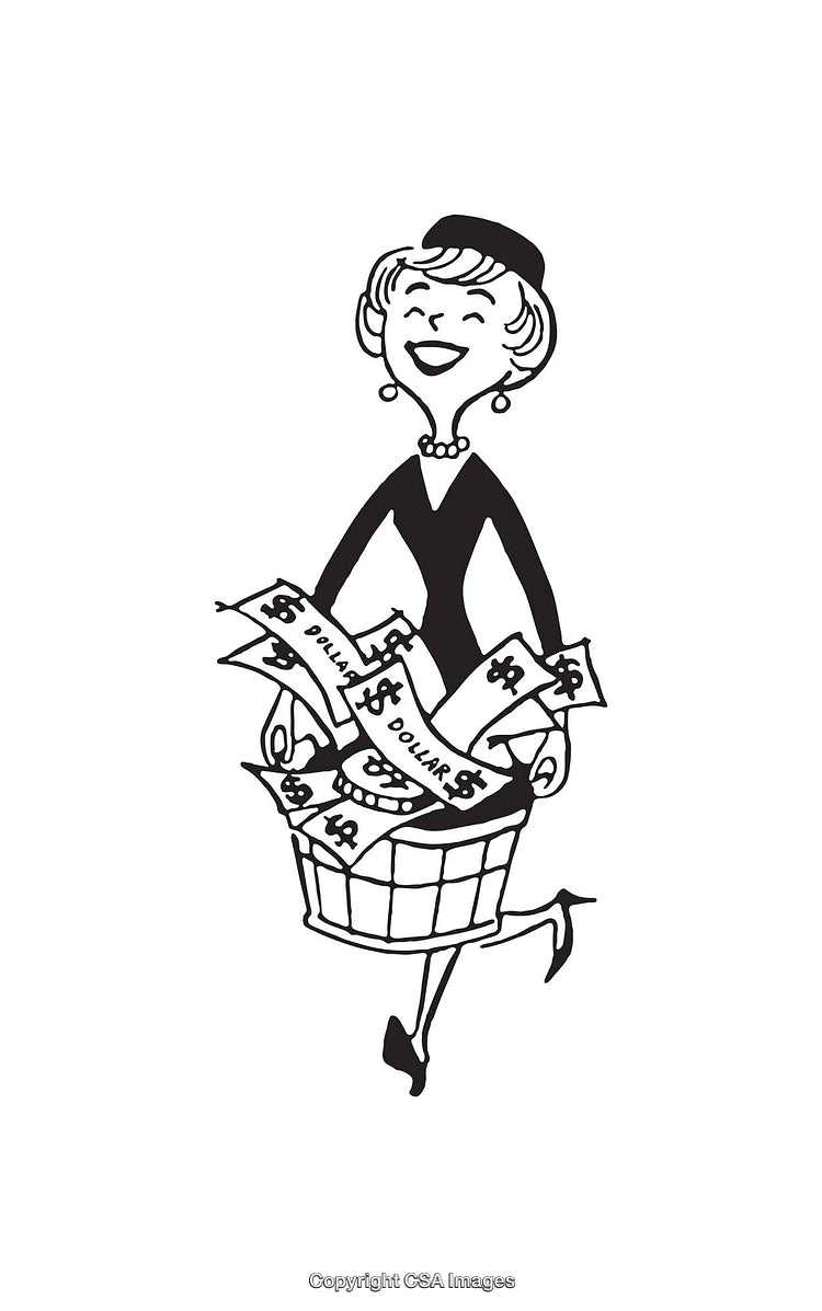 Retro Line Art Illustration of a Cheerful Woman Holding Money