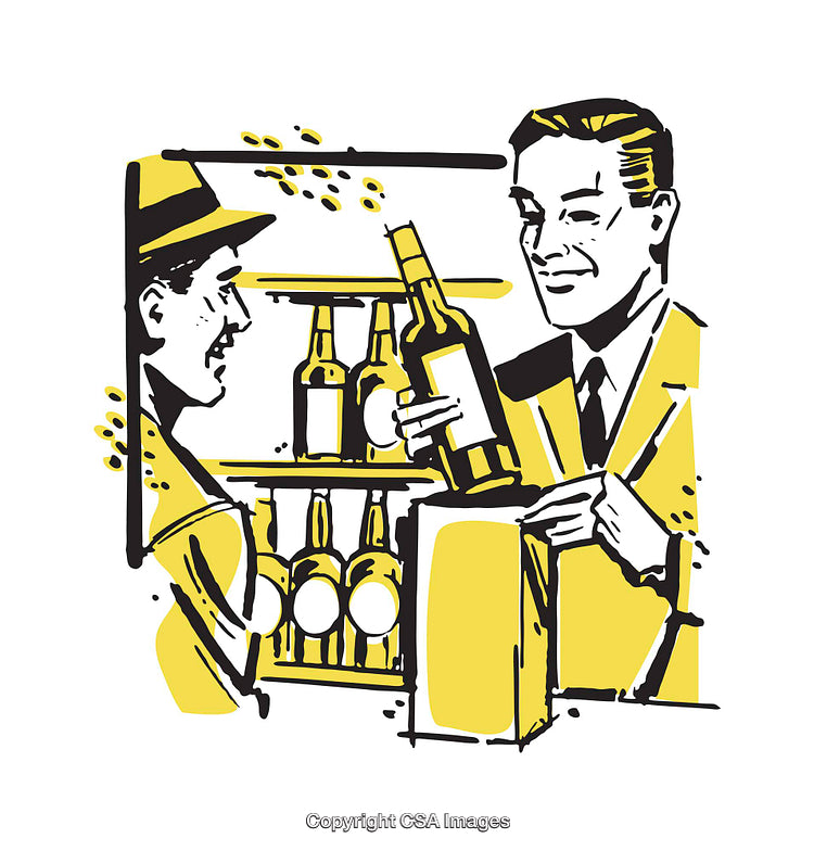 Retro Style Illustration of Two Men Discussing Beer at a Store