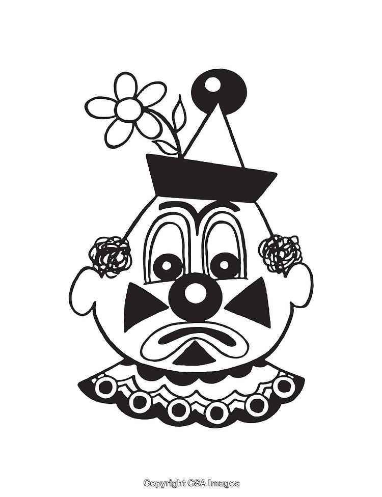 Black and White Line Art of a Sad Clown with Flower Hat
