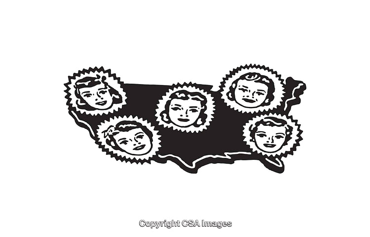Retro Line Art of Diverse Faces Over United States Map