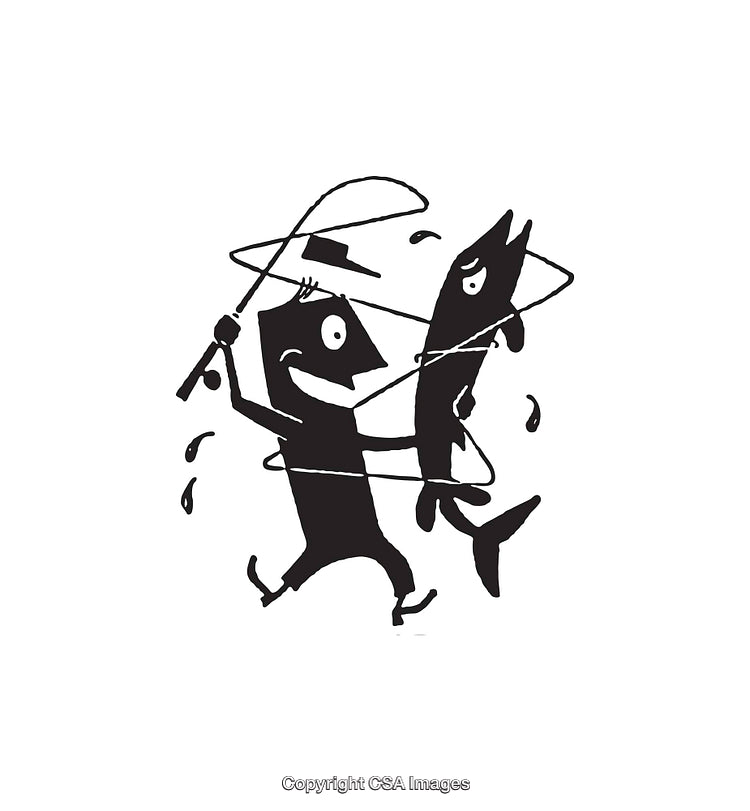 Whimsical Black and White Illustration of Happy Fisherman with Catch
