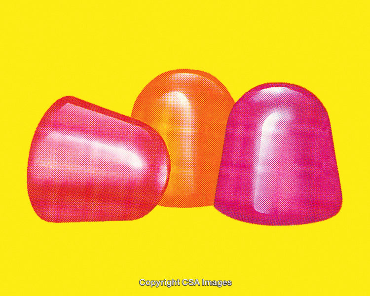 Colorful Jelly Candies on Vibrant Yellow Background in Pop Art Style