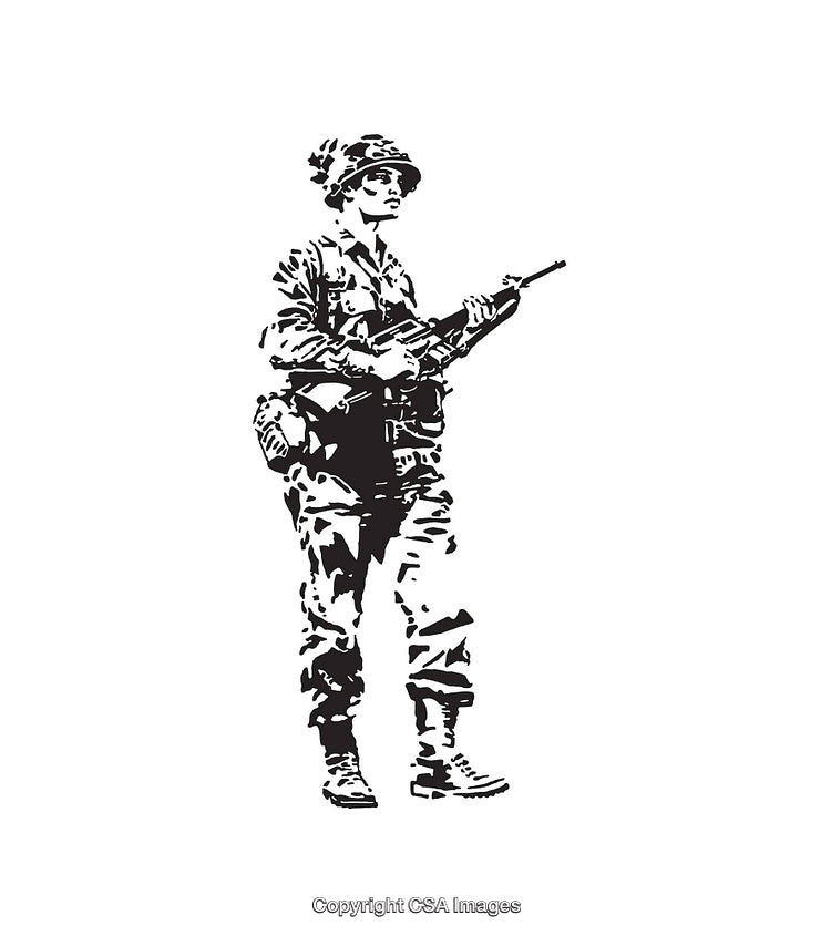 Black and White Line Art of a Soldier with Weapon