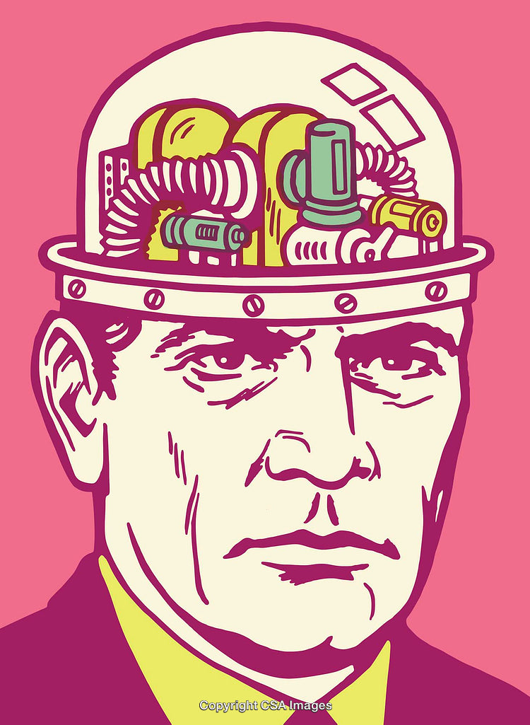 Colorful Artistic Illustration of a Cybernetic Human Head with Mechanisms